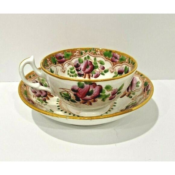 Gaudy Dutch Tea Cup & Saucer Set handpainted roses - Picture 8 of 9